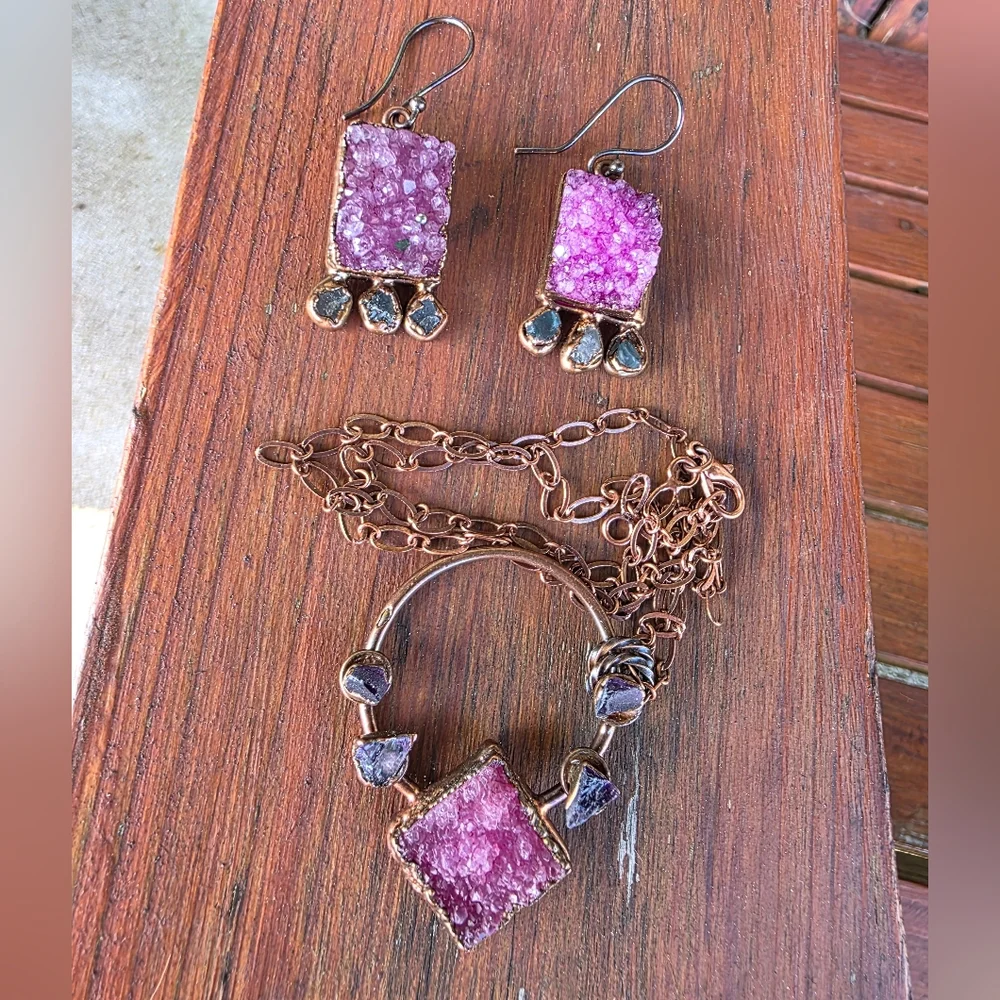 Beautiful Multi-Color Druzy Pendant & Earring Set in Copper